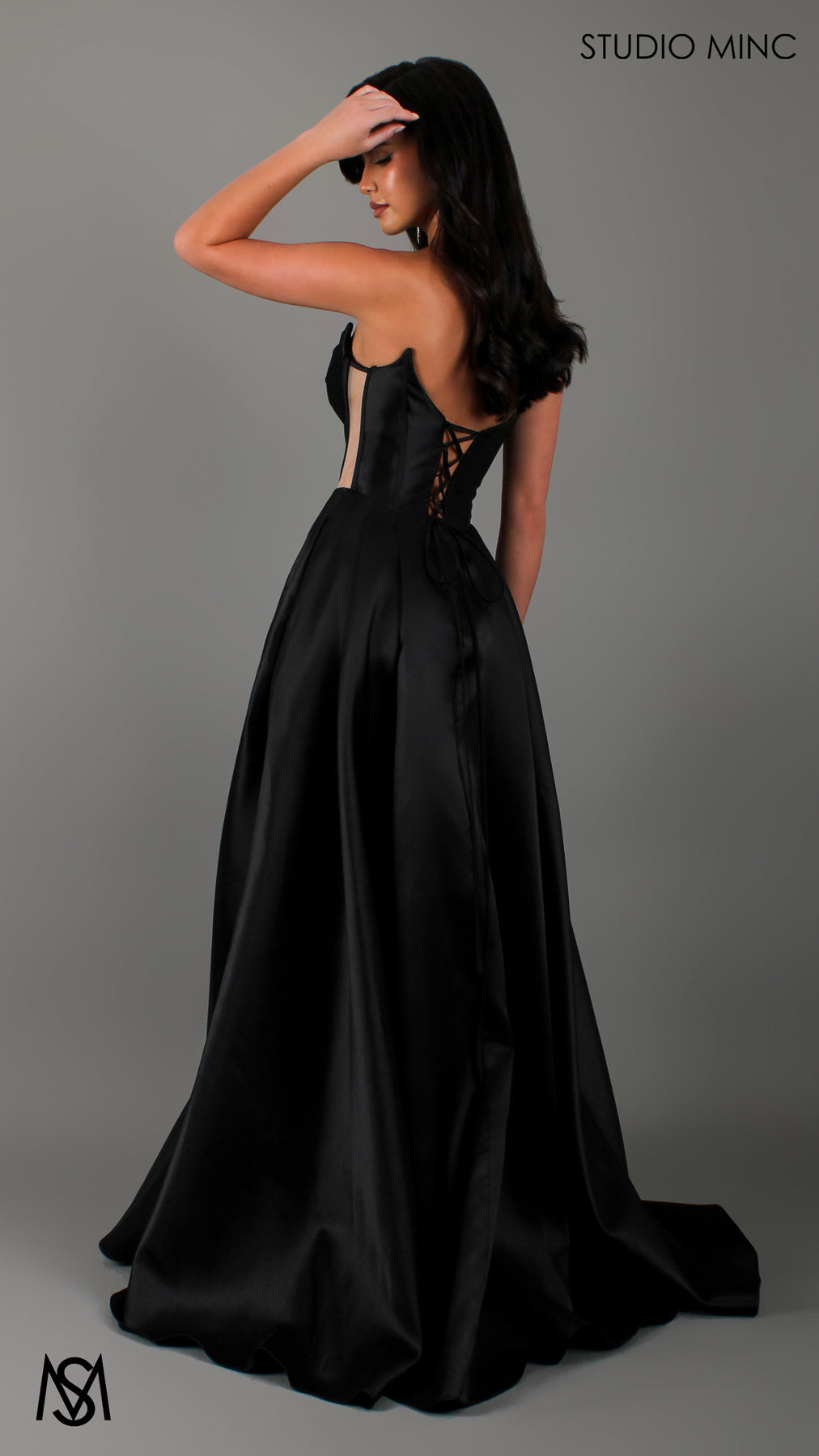 Collective Dress - Lunar - Black Formal Dress satin strapless boned corset net cut outs lace up gown pockets leg slit image 3