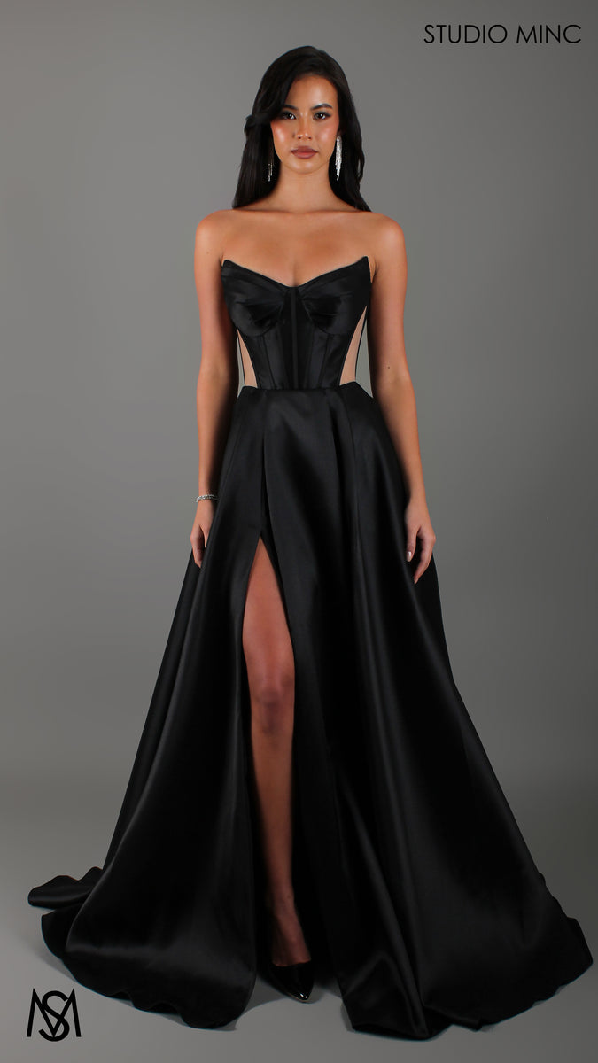 Lunar Black Formal Dress satin strapless boned corset net cut