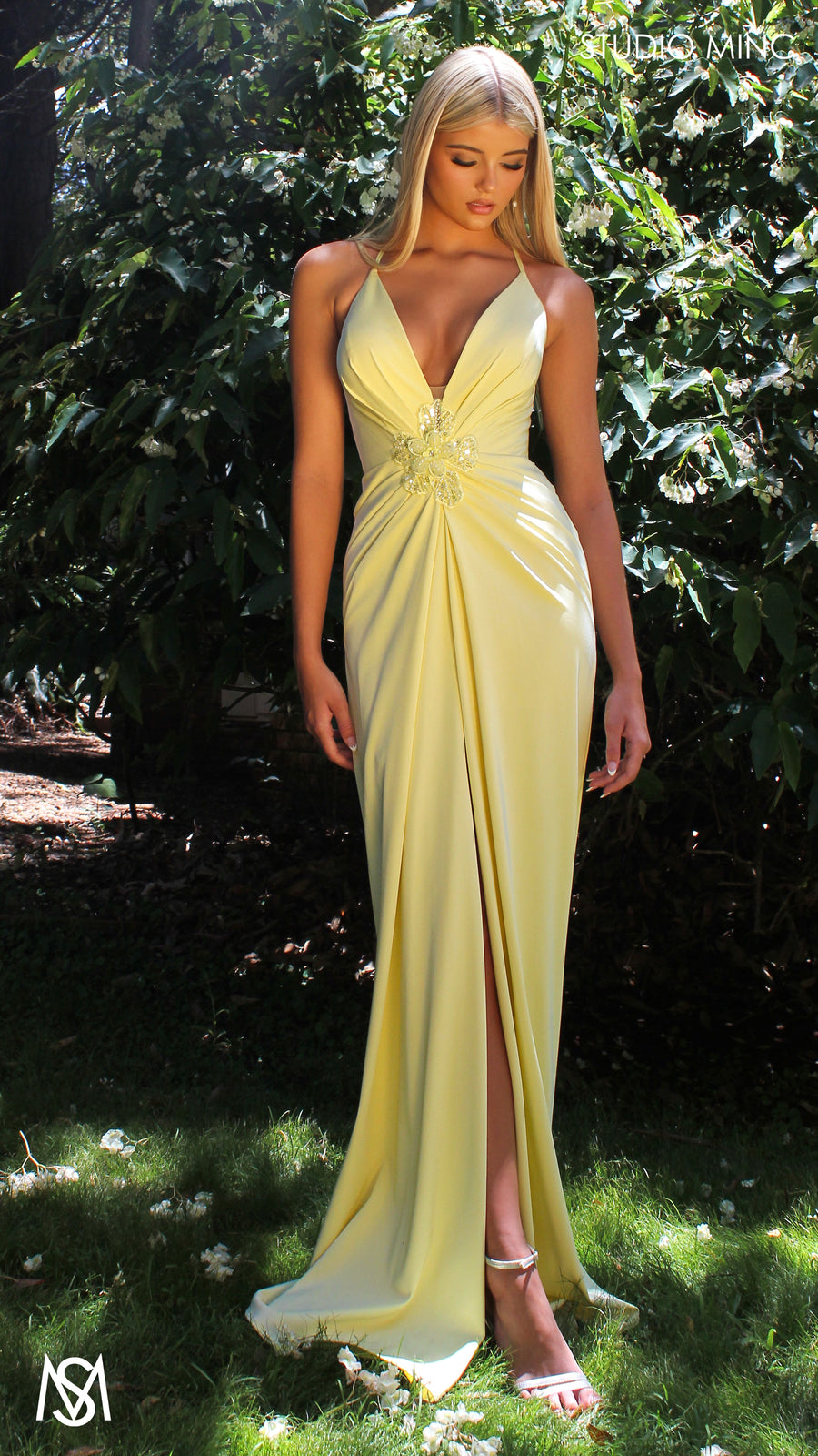 Shop Formal Dress - Bloom - Light Yellow Formal dress | Plunge V neckline draping floral pearl detail featured image