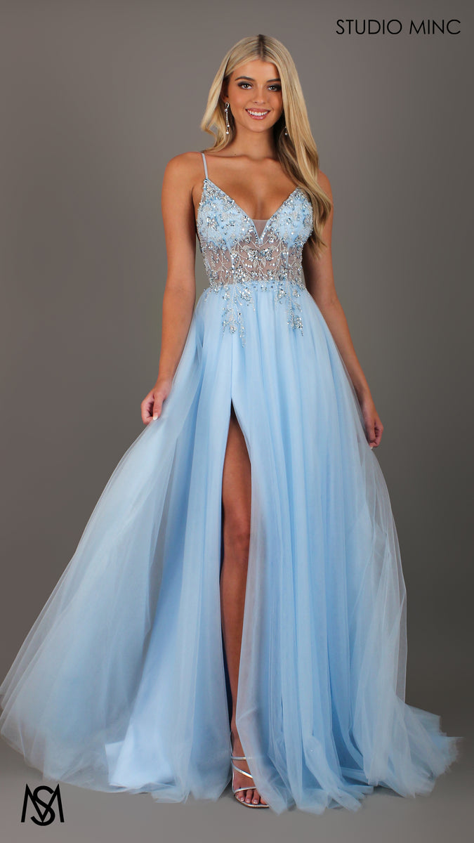 Chiffon A-line Light Blue Lace Applique Bead Sheer Top Formal Dress main image 1
