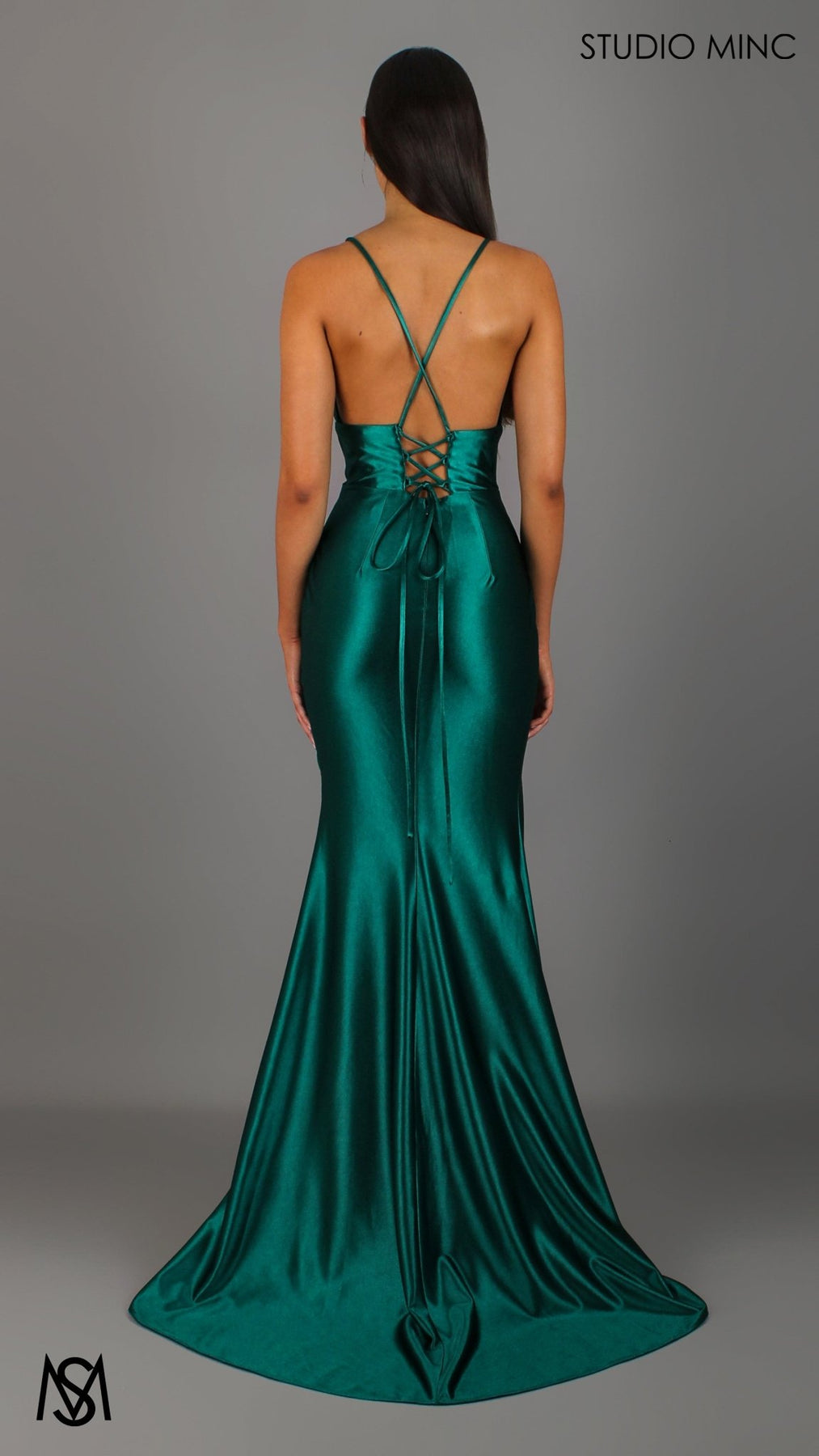 Classic - Emerald Green formal dress Satin V neckline backless Fitted Mermaid Gown with Slit - View 3 | Shop Formal Dress