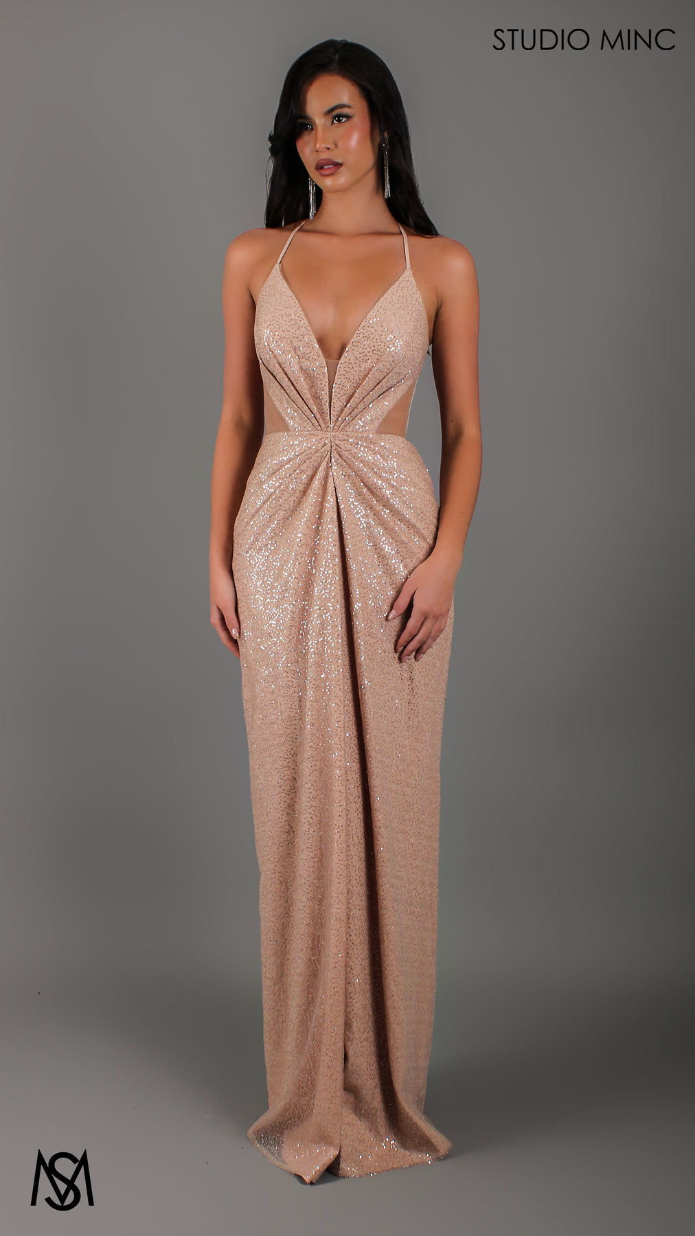 Nightfall - Gold Formal Dress Sequin net plunge V neckline cut outs backless lace up - View 4 | Shop Formal Dress