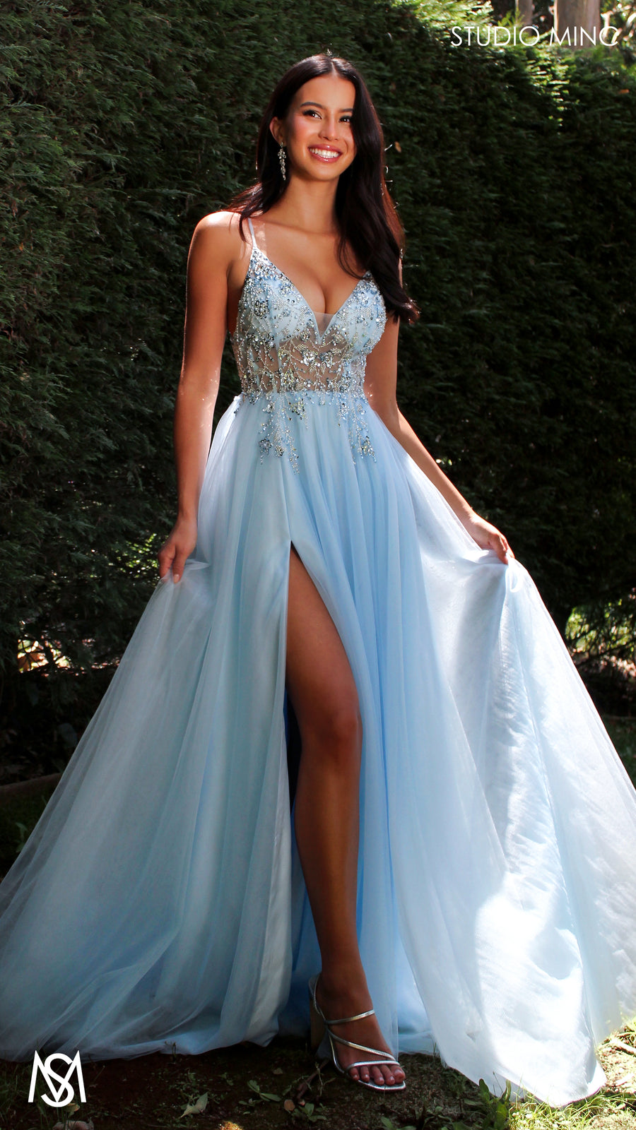 Shop Formal Dress - Lila - Light Blue Formal dress | Sheer Beaded floral V neckline tulle gown featured image