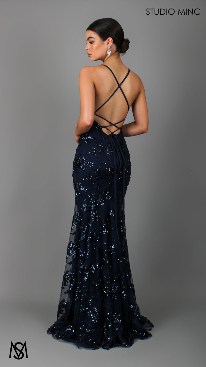 J'Adore Navy Blue Formal Dress Sequin Floral V Neckline