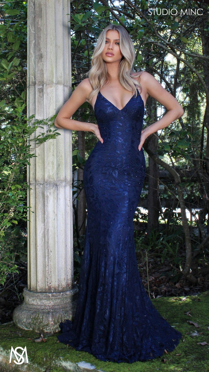 Jasmine Navy Blue formal dress lace Rhinestone V neckline