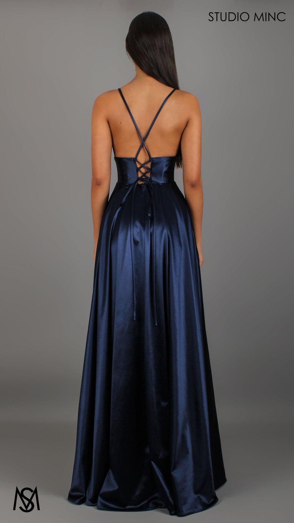 Timeless - Navy Blue formal dress V neckline backless A-line Satin Gown with Pockets - View 3 | Shop Formal Dress