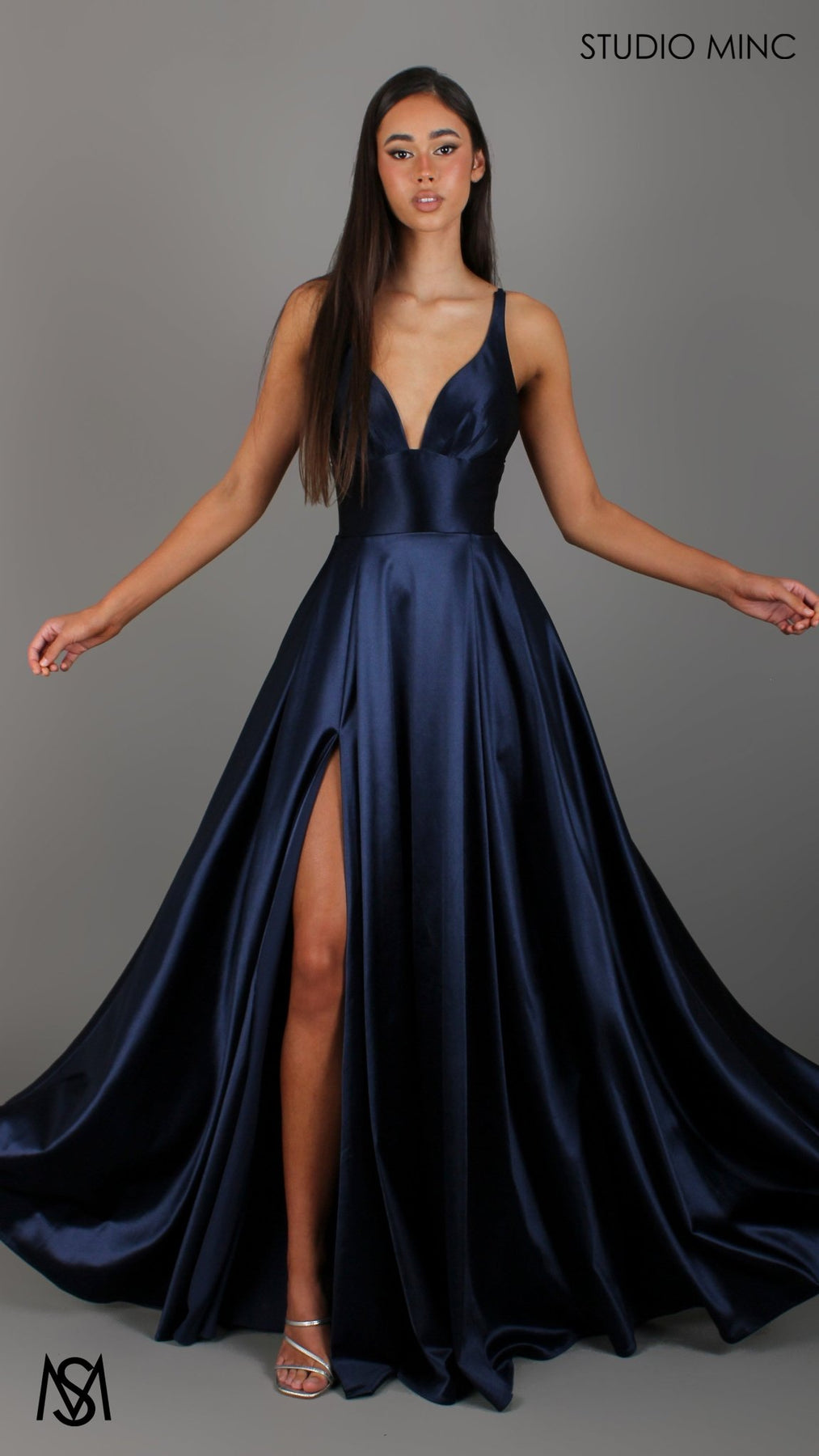 Timeless - Navy Blue formal dress V neckline backless A-line Satin Gown with Pockets - View 5 | Shop Formal Dress