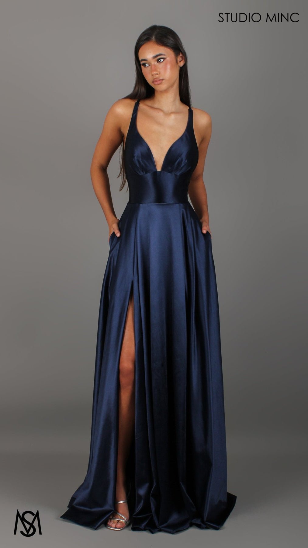 Timeless - Navy Blue formal dress V neckline backless A-line Satin Gown with Pockets - View 4 | Shop Formal Dress