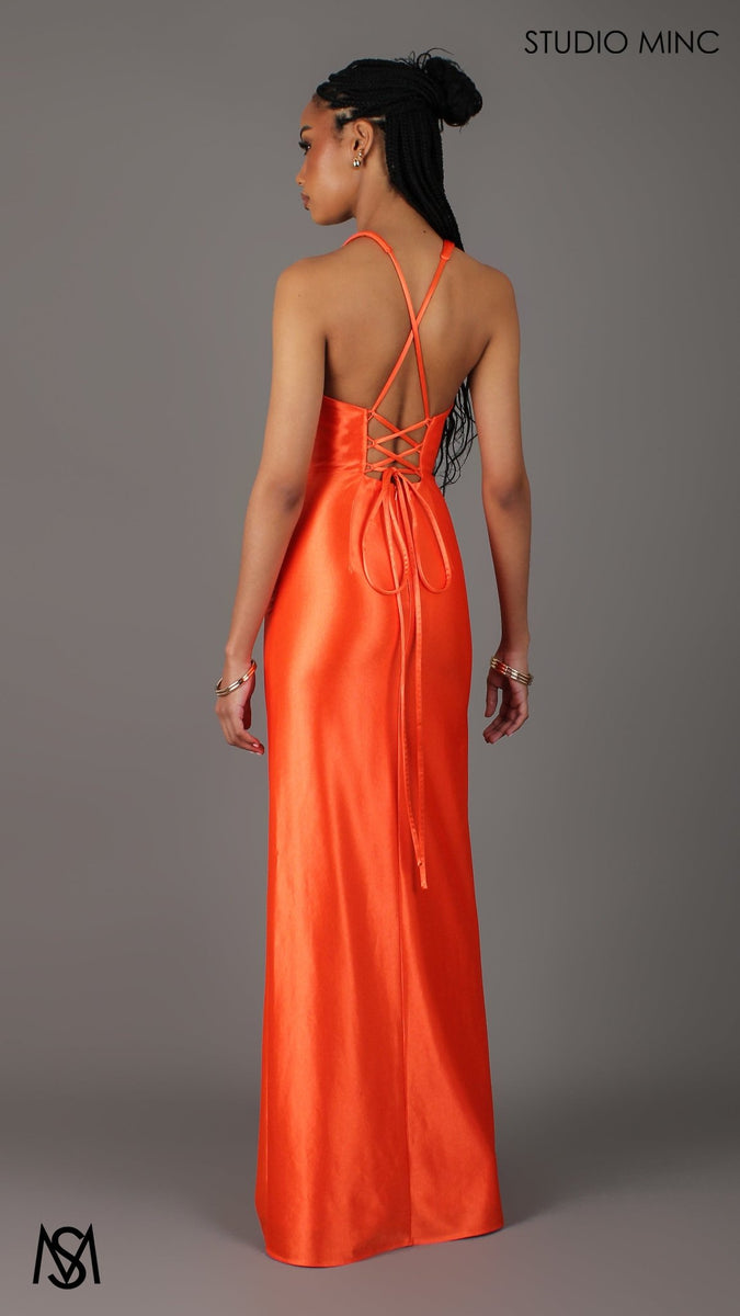 orange satin mini dress with a cowl neckline and backless Orange Satin Cowl Neck Midi Dress main image 0