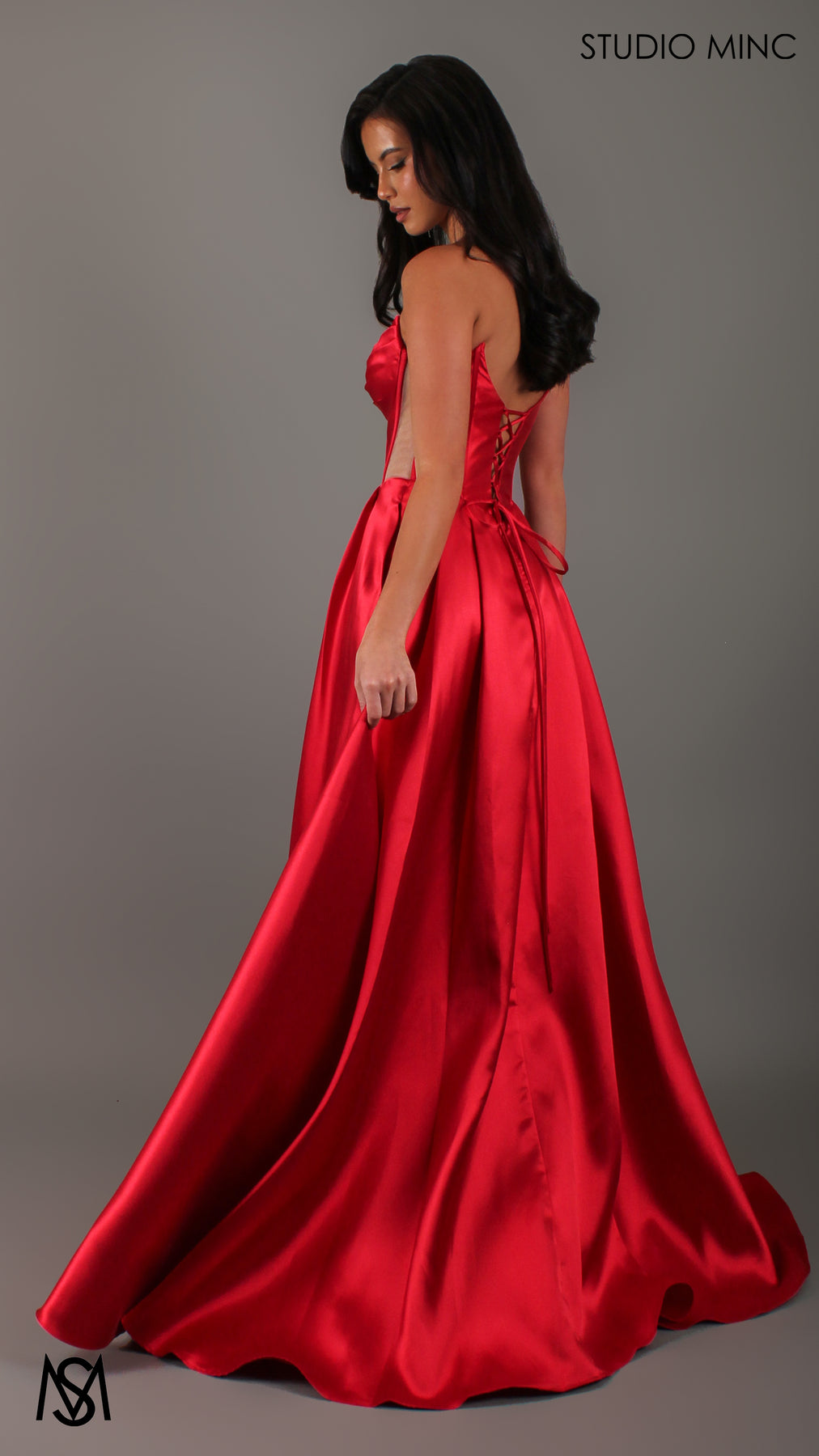 Collective Dress - Lunar - Red Formal Dress satin strapless boned corset net cut outs lace up gown pockets leg slit image 3