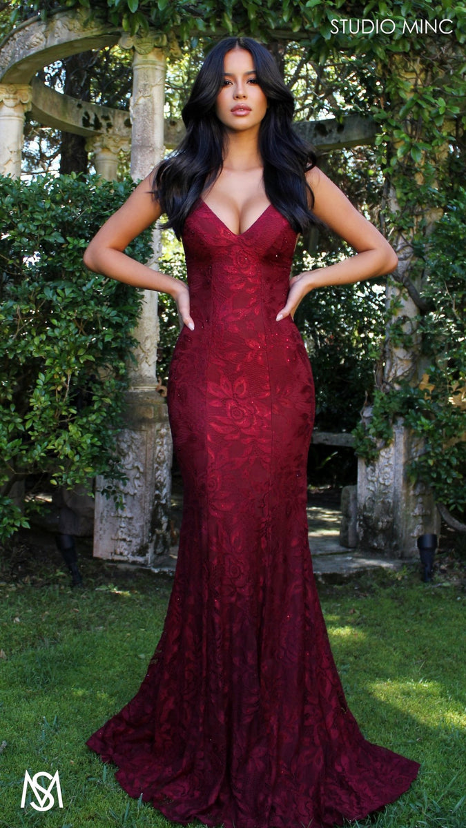 Jasmine - Maroon Red formal dress | lace Rhinestone V neckline fitted mermaid lace up XS Jasmine - Maroon Red formal dress | lace Rhinestone V neckline fitted mermaid lace up XS
