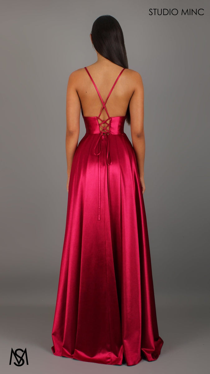 red satin dress backless Timeless - Ruby formal | V neckline, A-line Gown with Pockets XS Vintage Prom Dresses Inspiration badge:New Arrivals Color:Cabernet Explore our Occasion Dresses.