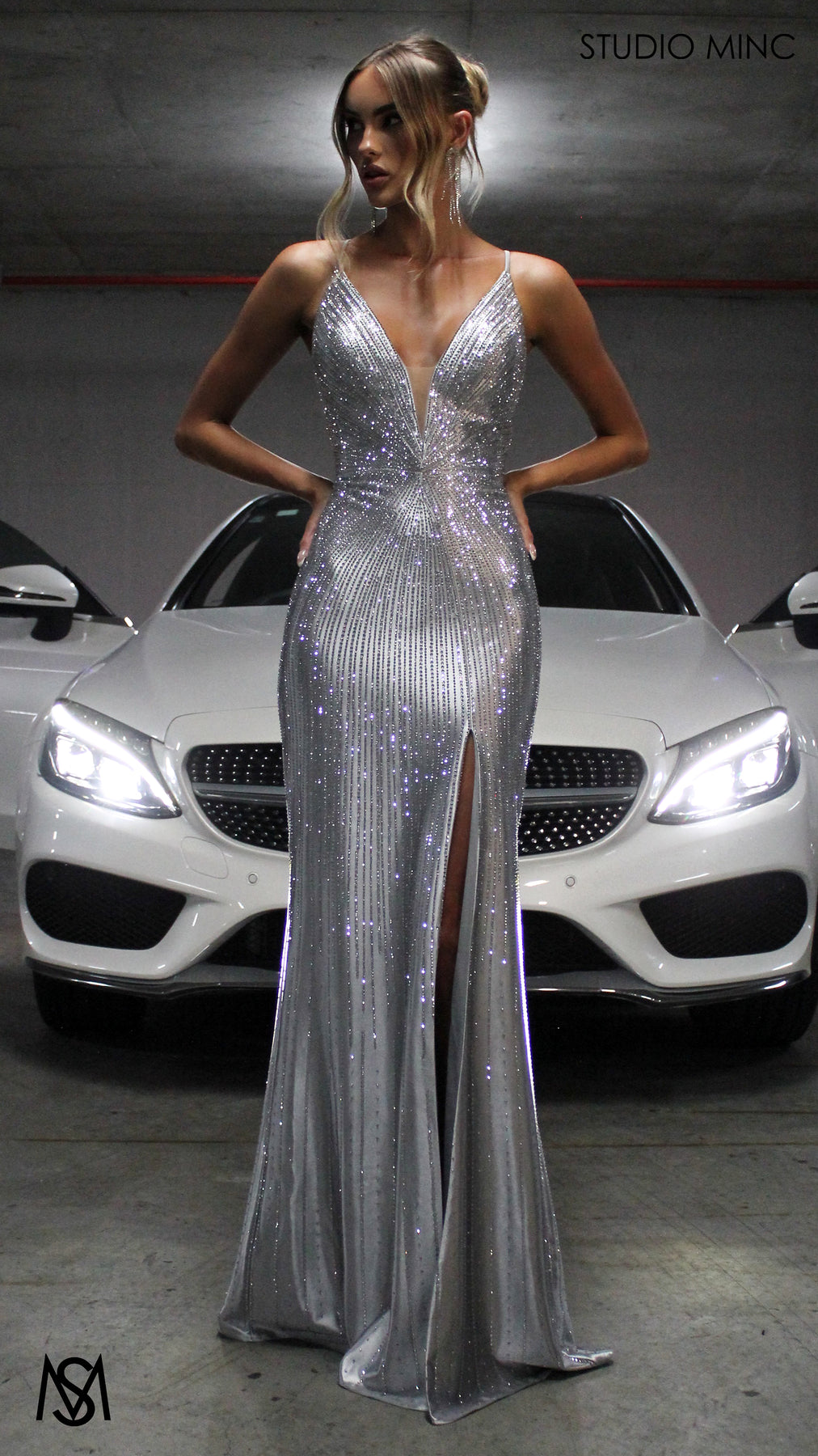 Collective Dress - Starlight - Silver Formal Dress Rhinestone V Plunge Neckline Fitted Mermaid Leg Split image 1