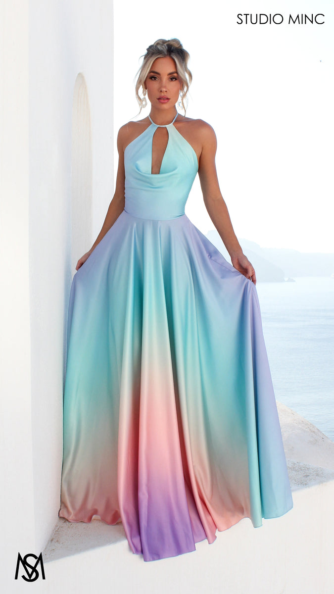 SUNSET BLUE Blue Multi Colour Formal Dress Satin High Neck Plunge Backless