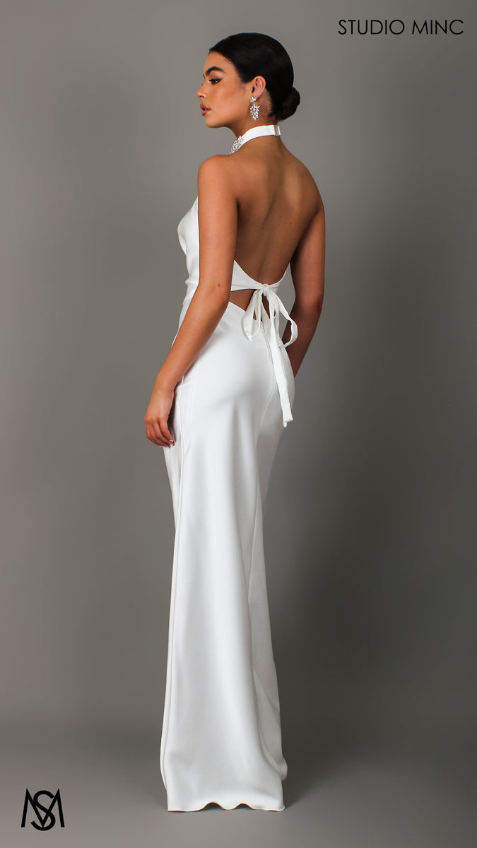 Jewel White Evening Dress Satin Backless High Neck Plunge