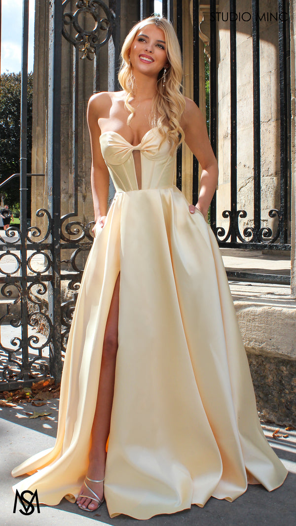 Madeleine - Butter Yellow formal Dress | Strapless twist corset Mikado satin ball gown