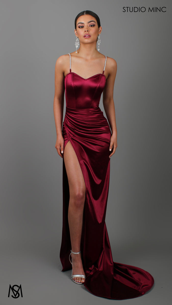 Crave Burgundy Formal Dress Satin Corset Diamante Straps Leg