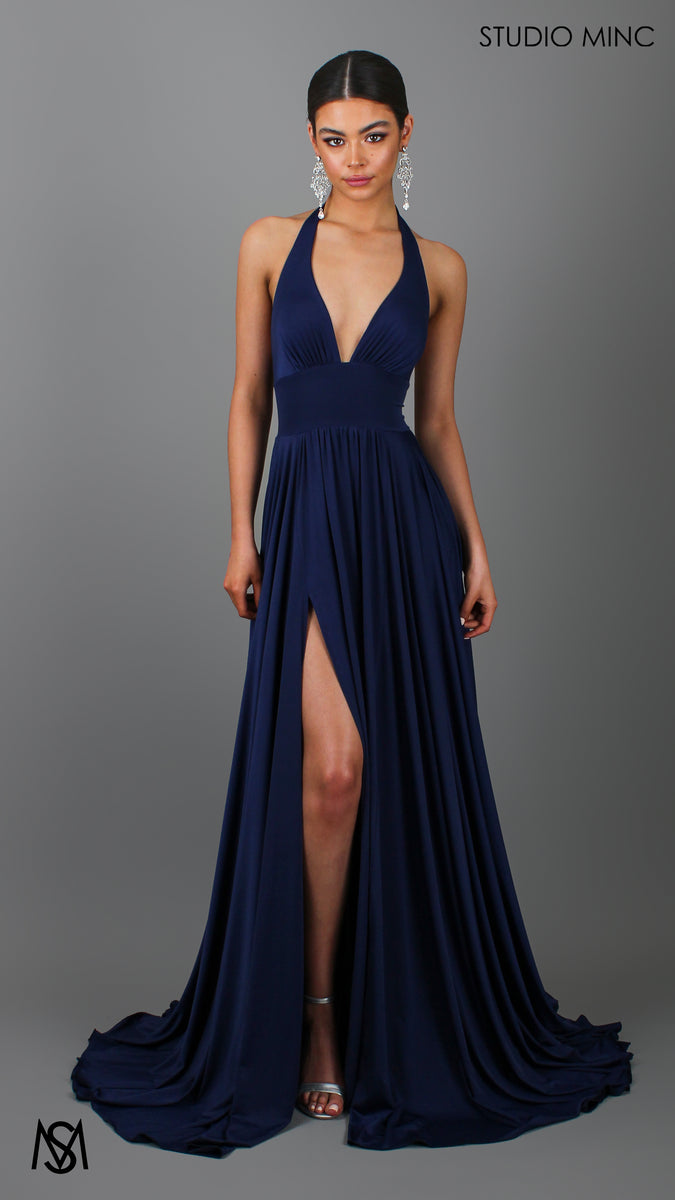 Love - Navy Blue Formal Dress | Halter Plunge Neckline Leg Split 2 (M) Love - Navy Blue Formal Dress | Halter Plunge Neckline Leg Split 2 (M)