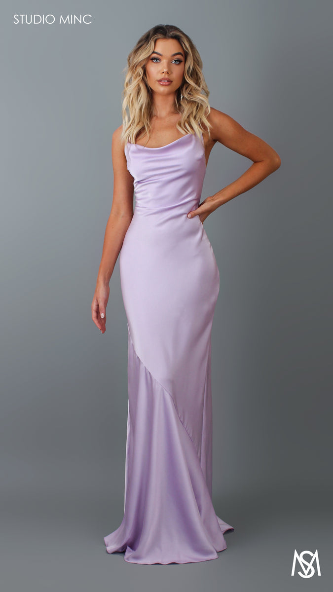 Serene Lavender Formal Dress Cowl Neckline Bias Cut Backless