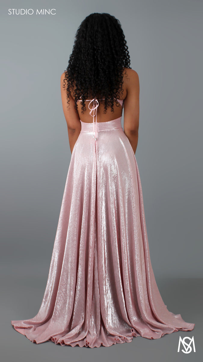 Cosmo Metallic Pink Formal Dress V Neckline Cut Out Flowy Leg