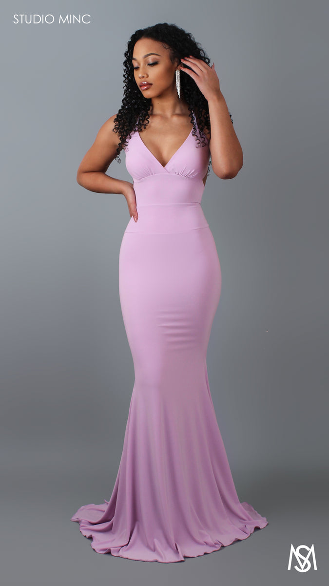 Silhouette Lavender Formal Dress V Neckline Cut Out Fitted