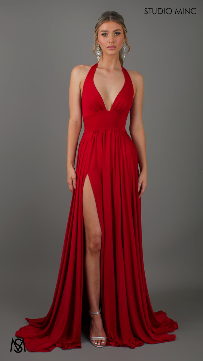 Love Red Formal Dress Halter Plunge Neckline Leg Split STUDIO MINC