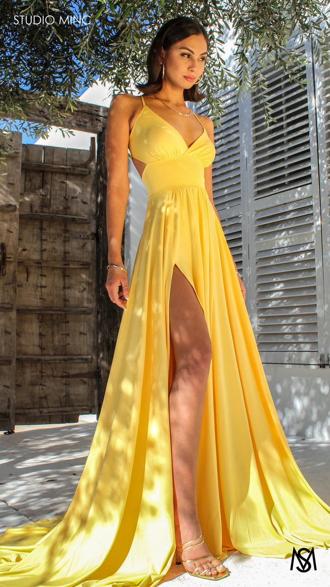 COSMO Canary Yellow Formal Dress with cut outs and leg split