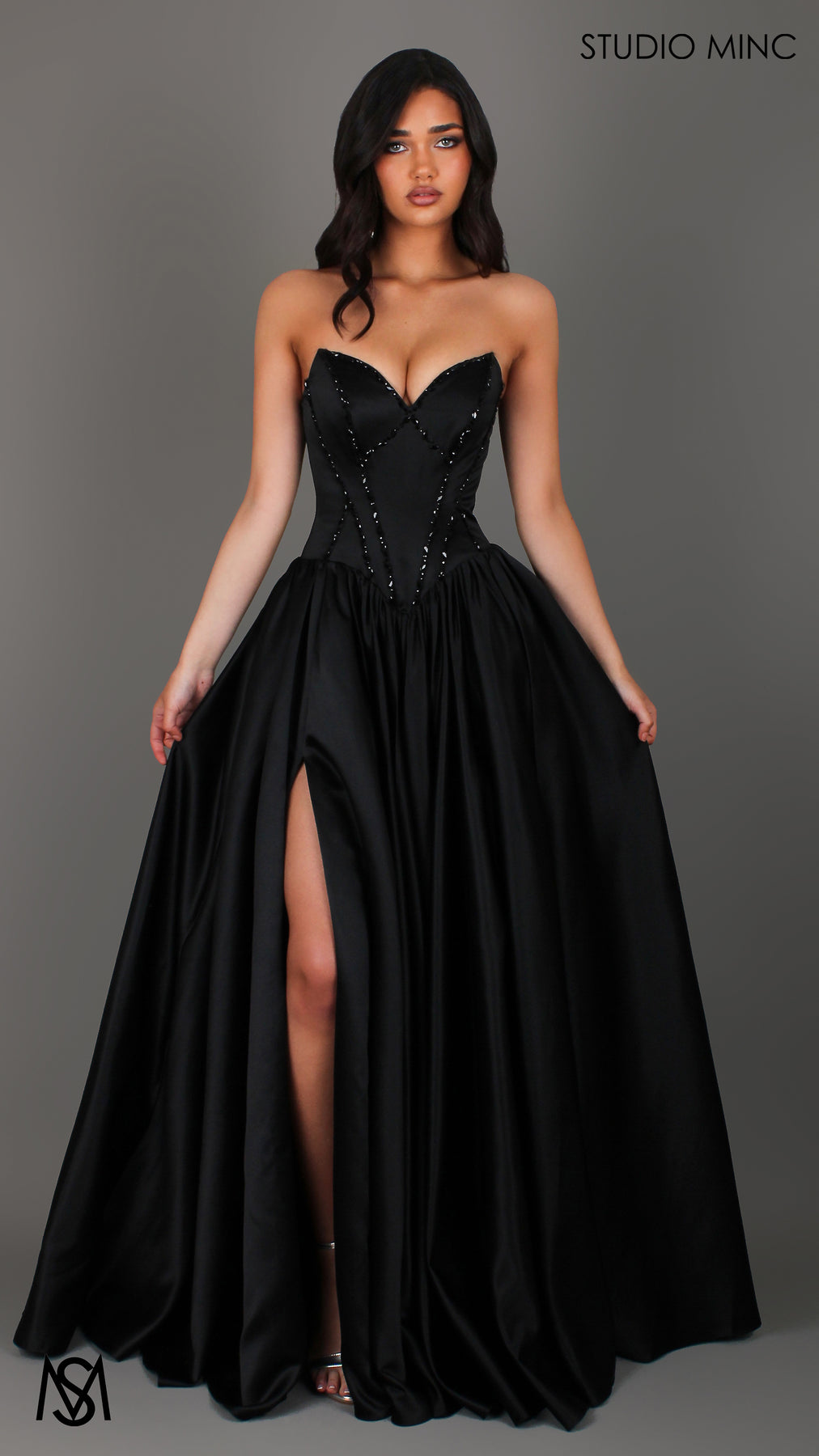Palais - Black Formal Dress, drop waist gown hand beaded, basque waist STUDIO MINC Palais - Black Formal Dress, drop waist gown hand beaded, basque waist STUDIO MINC