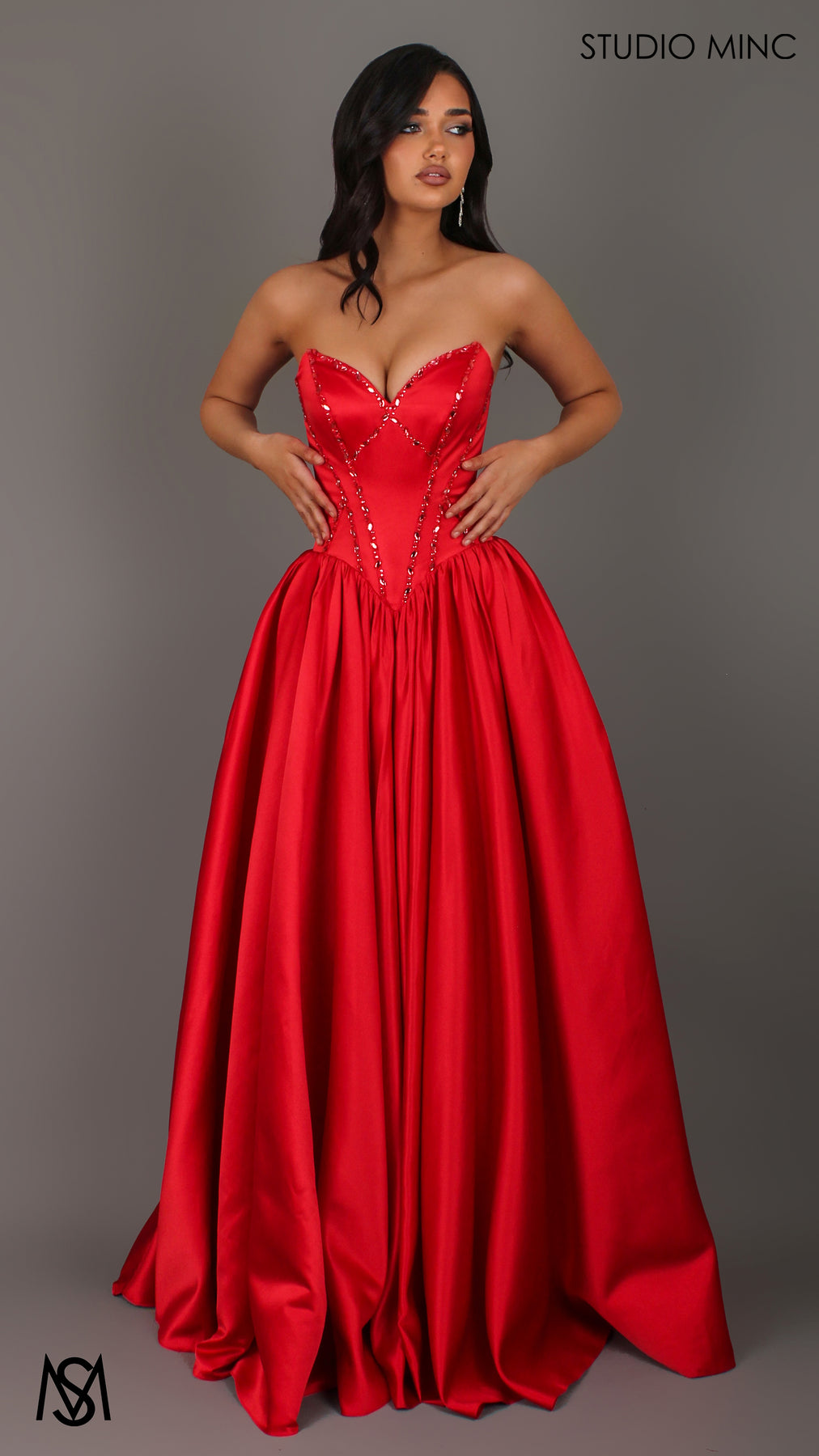 Palais - Red Formal Dress, drop waist gown hand beaded, basque waist corset L | in stock Palais - Red Formal Dress, drop waist gown hand beaded, basque waist corset L | in stock