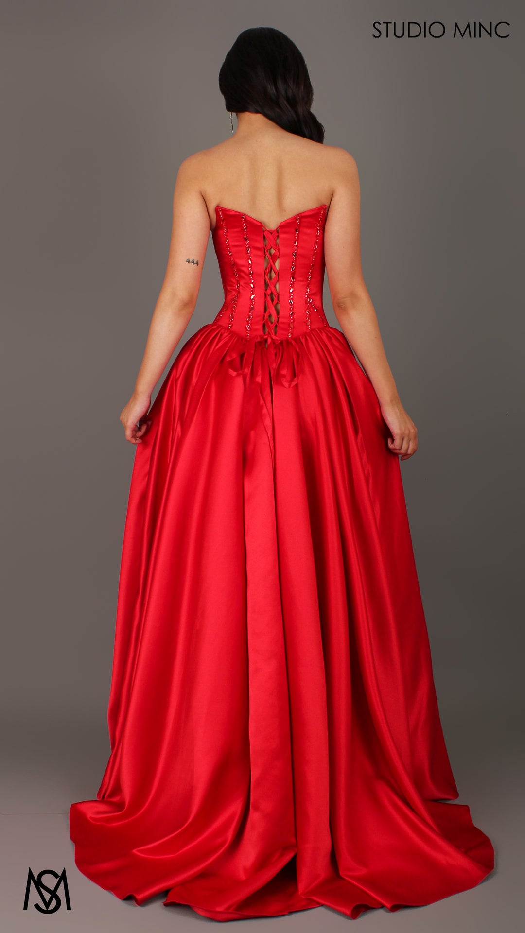 basque waist formal dress Palais - Red Formal Dress, drop waist gown hand beaded, basque waist corset L
