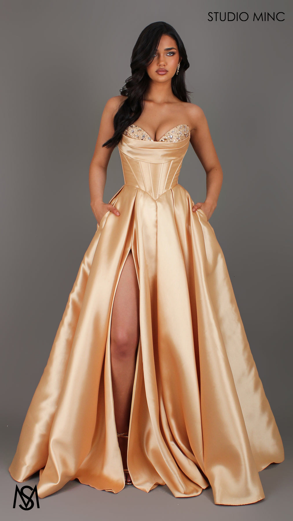 Reverie - Gold Formal Dress, Strapless Corset Beaded Bra Cups, Satin Mikado Gown S | in stock Reverie - Gold Formal Dress, Strapless Corset Beaded Bra Cups, Satin Mikado Gown S | in stock