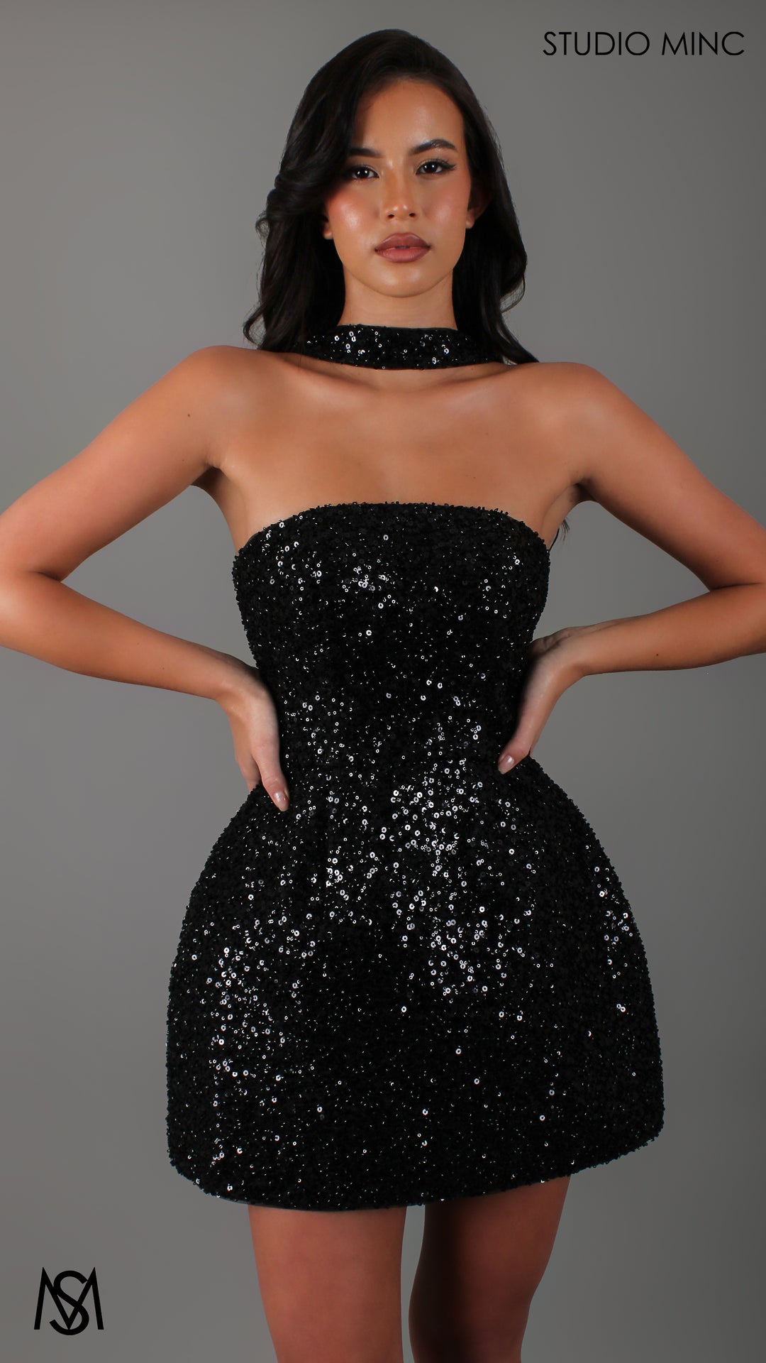 black sequin corset draped strapless mini dress Eclipse - Black Mini Party Dress