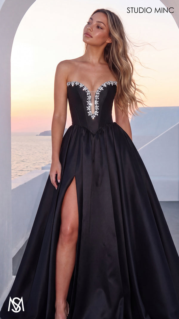 Camilla - Black Formal Dress, satin strapless crystal jewelled corset lace up gown pockets leg slit