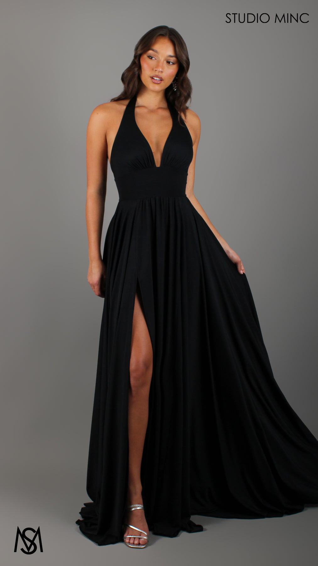 Love - Black Formal Dress | Halter Plunge Neckline Leg Split STUDIO MINC Love - Black Formal Dress | Halter Plunge Neckline Leg Split STUDIO MINC