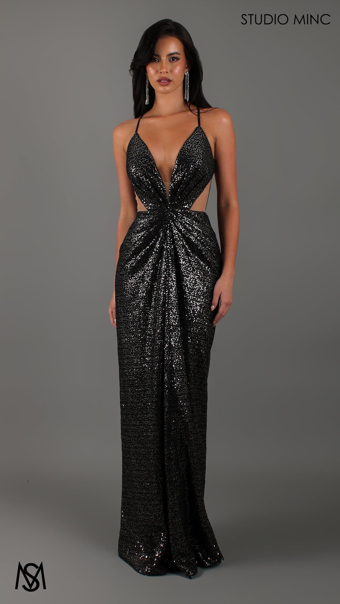 Nightfall - Black Formal Dress | Sequin net plunge V neckline cut outs backless lace up STUDIO MINC Nightfall - Black Formal Dress | Sequin net plunge V neckline cut outs backless lace up STUDIO MINC