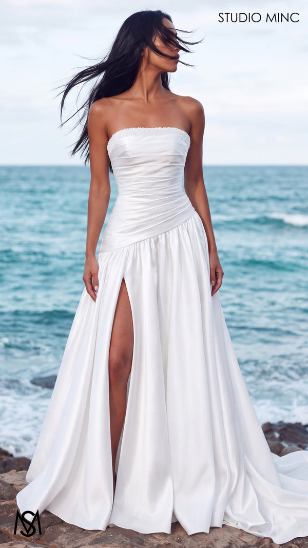 Blanche -  Wedding Dress | Strapless pleated drop-waist corset, Pearl trim Mikado A-line satin gown