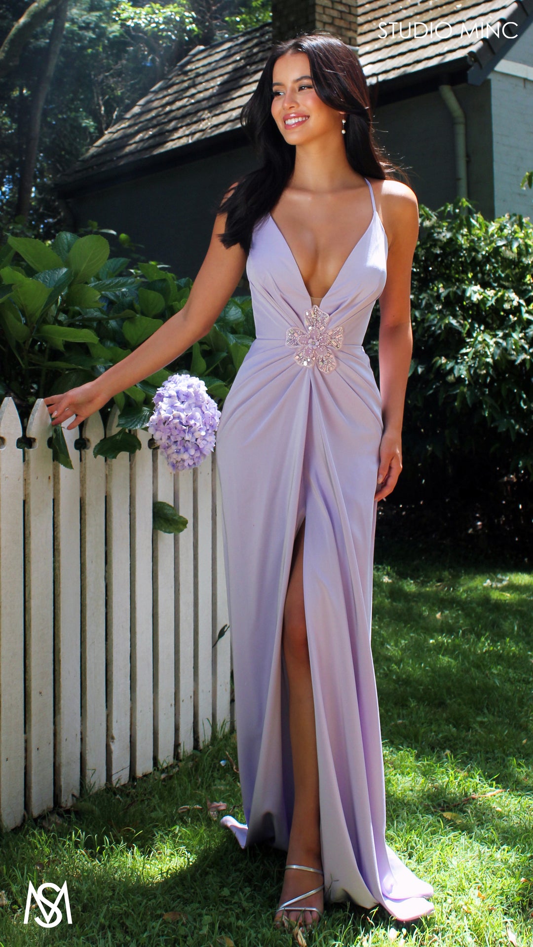 studio minc formal dresses Bloom - Lavender Purple dress | Plunge V neckline draping floral pearl detail L Size:16