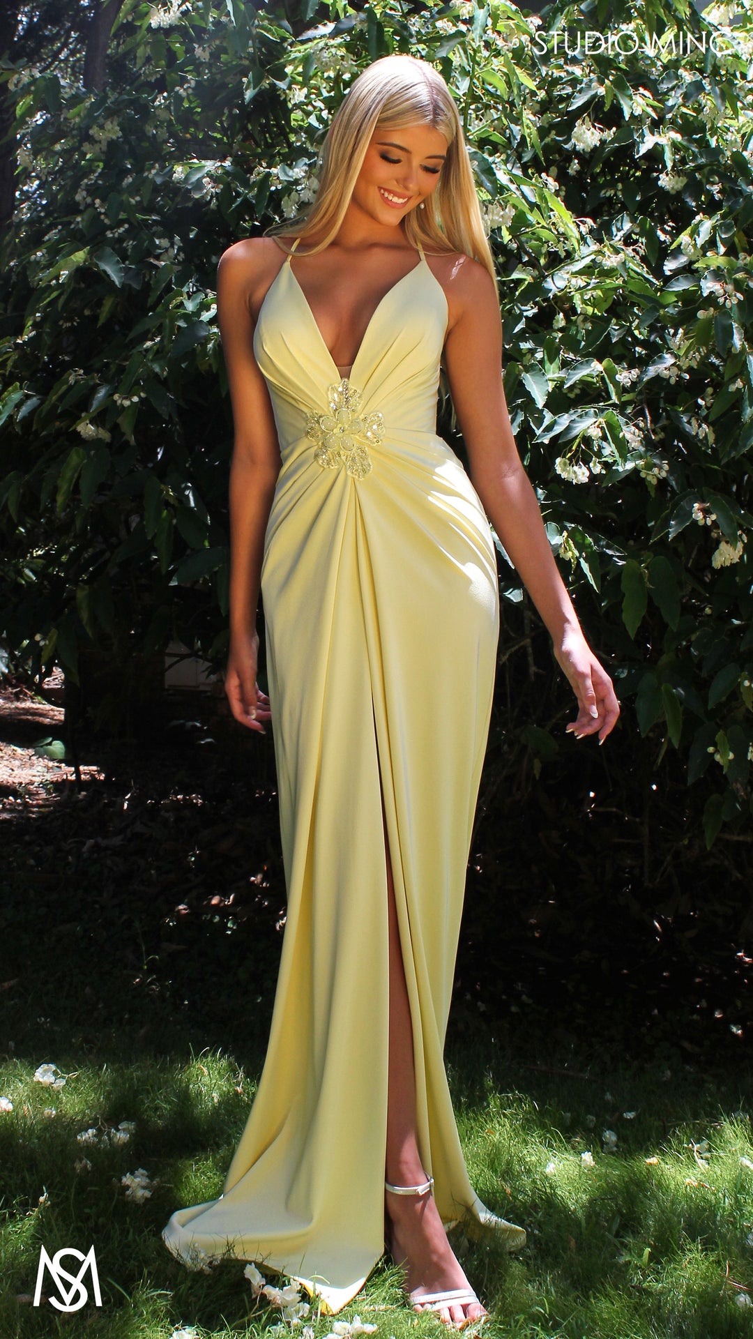 light yellow formal dress KissProm One Shoulder 3D Appliques Beading Long Prom with Slit, Yellow / 16 The dress features a romantic sweetheart neckline Alyce 61909 Long Prom Dress