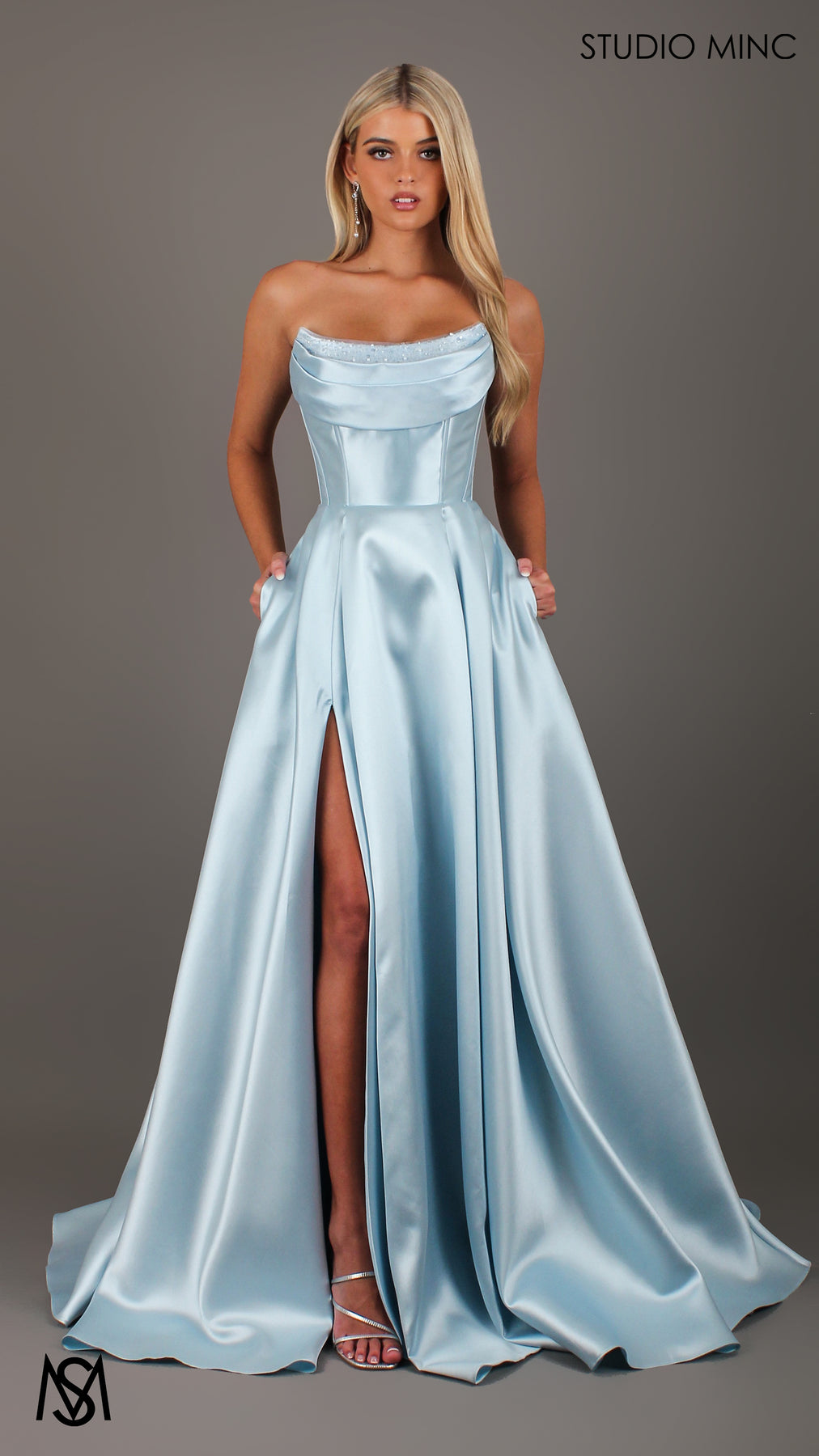 Honey - Light Blue formal Dress | Strapless corset pearl detail Mikado STUDIO MINC Honey - Light Blue formal Dress | Strapless corset pearl detail Mikado STUDIO MINC