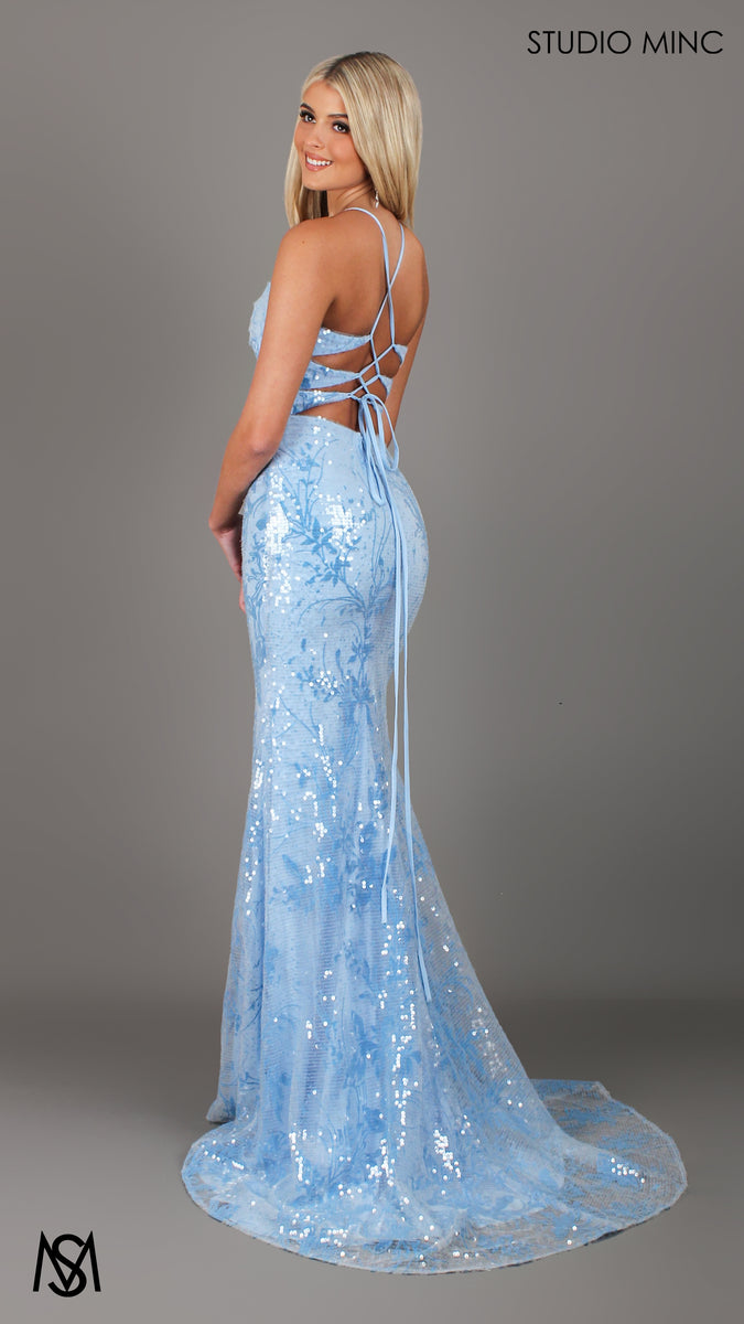 Peony - Light Blue Formal Dress | Two tone floral sequin fitted