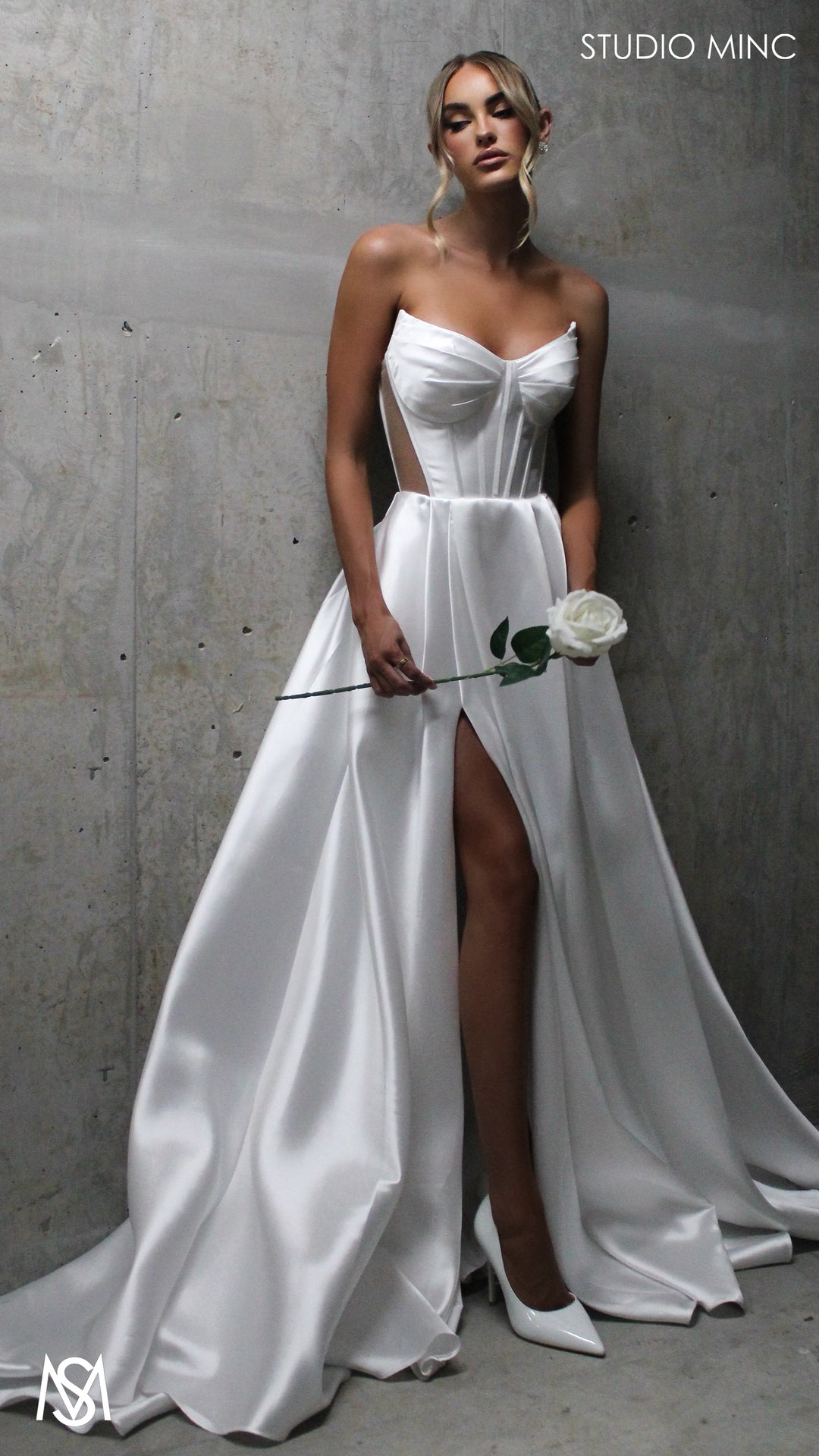 Lunar - White Wedding Dress | satin strapless boned corset net cut outs lace up gown pockets leg slit (Copy) STUDIO MINC Lunar - White Wedding Dress | satin strapless boned corset net cut outs lace up gown pockets leg slit (Copy) STUDIO MINC