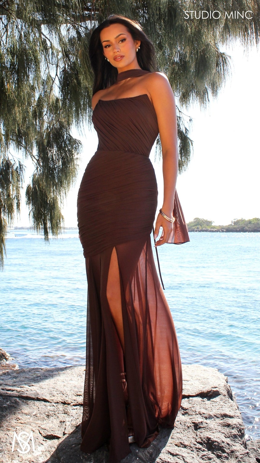 Paloma - Chocolate Brown Formal Dress, Strapless Corset mermaid, Sheer net, with Scarf S