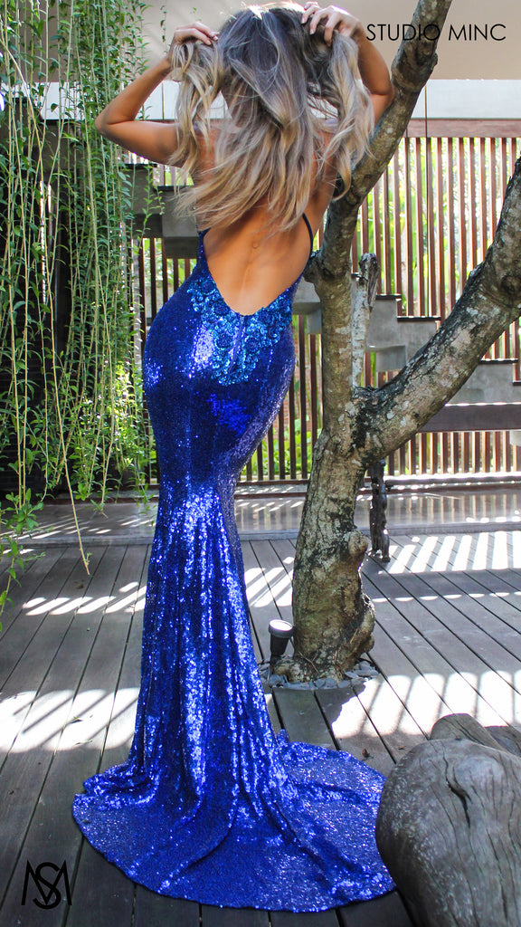 Angel Cobalt Blue Formal Dress Sequin V Neckline Backless