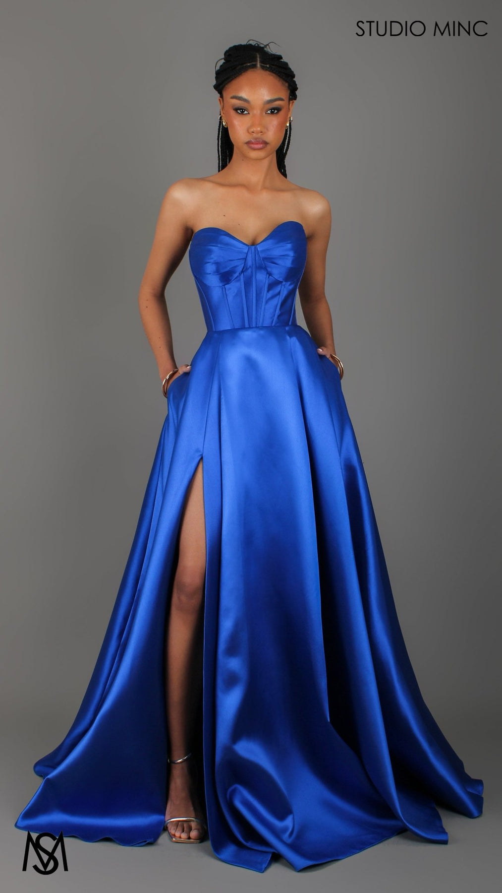 Capri - Cobalt Blue Formal Dress, satin strapless boned corset lace up gown pockets leg slit XS | in stock Capri - Cobalt Blue Formal Dress, satin strapless boned corset lace up gown pockets leg slit XS | in stock
