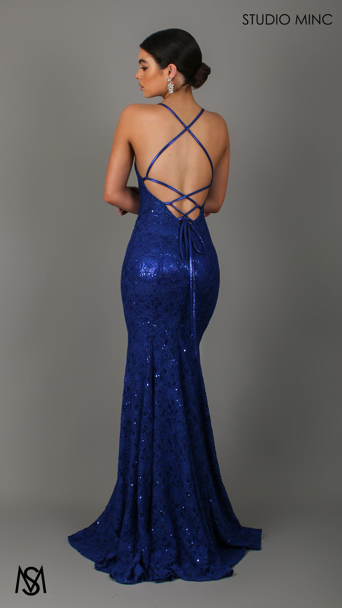 Passion Cobalt Blue Formal Dress Floral Lace V Neckline Backless