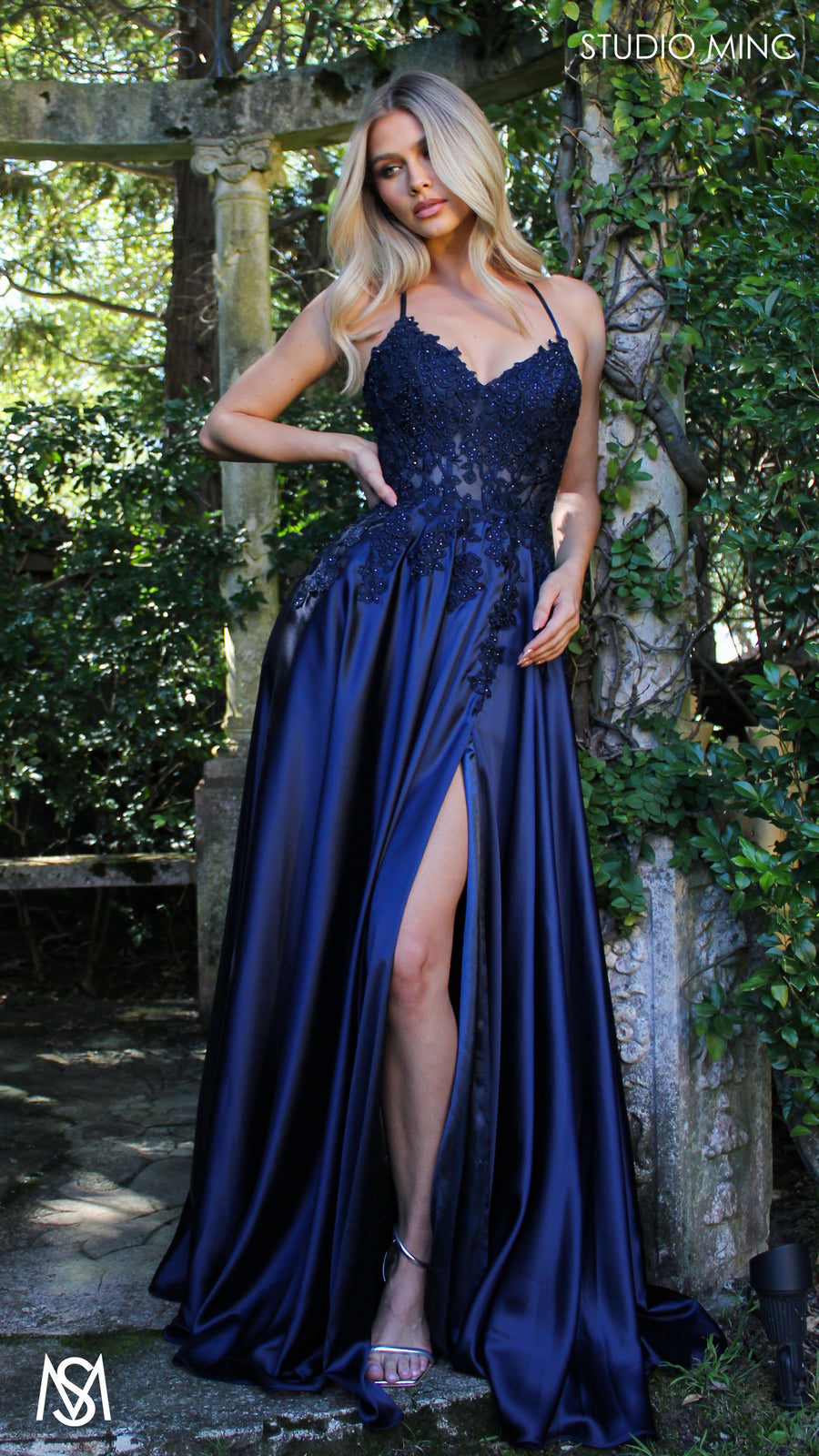 Eden - Navy Blue formal dress | Floral V neckline, backless, A-line Satin Gown with Pockets