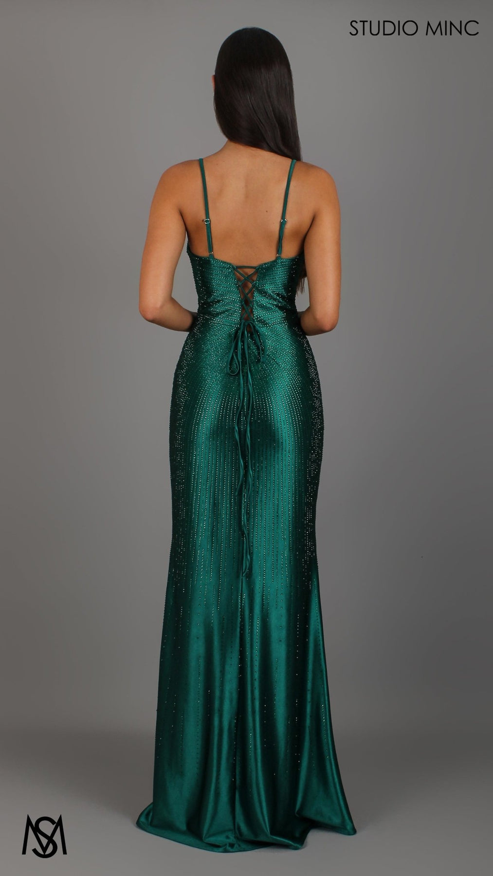 Starlight - Emerald Green Formal Dress | Rhinestone Satin jewelled V Plunge Neckline Fitted Mermaid Leg Split STUDIO MINC Starlight - Emerald Green Formal Dress | Rhinestone Satin jewelled V Plunge Neckline Fitted Mermaid Leg Split STUDIO MINC