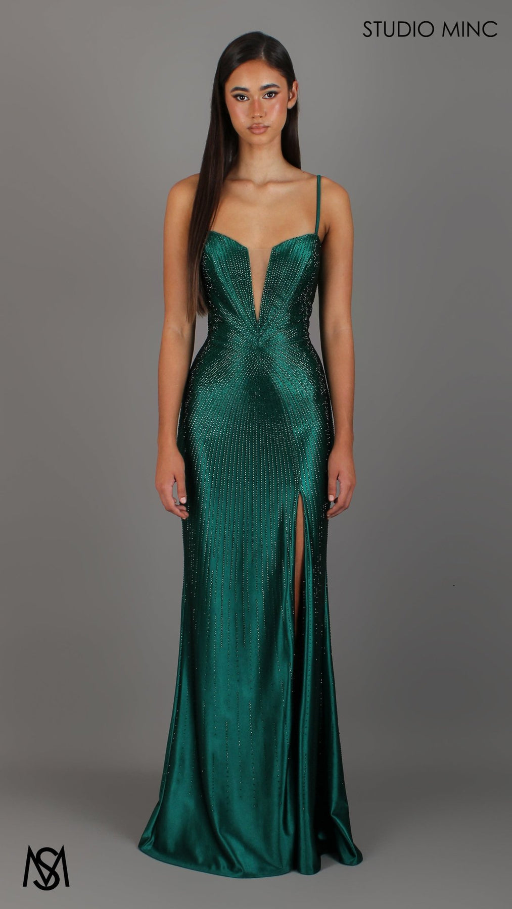 Starlight - Emerald Green Formal Dress | Rhinestone Satin jewelled V Plunge Neckline Fitted Mermaid Leg Split STUDIO MINC Starlight - Emerald Green Formal Dress | Rhinestone Satin jewelled V Plunge Neckline Fitted Mermaid Leg Split STUDIO MINC