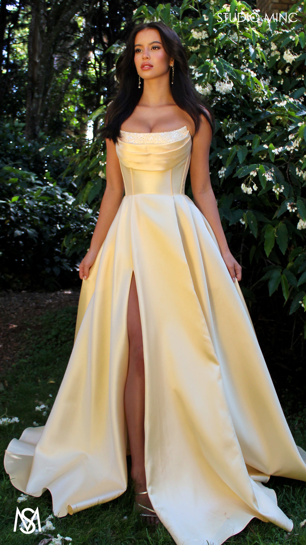 yellow light dress Honey - Light Yellow formal Dress | Strapless corset pearl detail Mikado satin ball gown XS