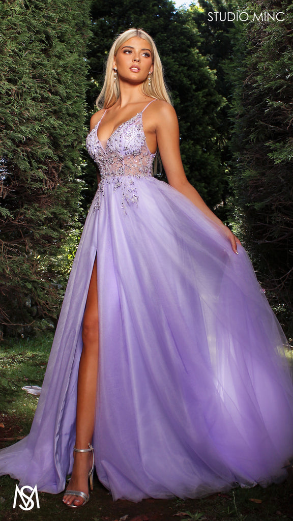 Lila Lavender Purple Formal dress Sheer Beaded floral V